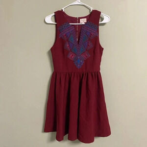 Anthropologie Everly Red Aztec Embroidered Fit & Flare Dress Size Small